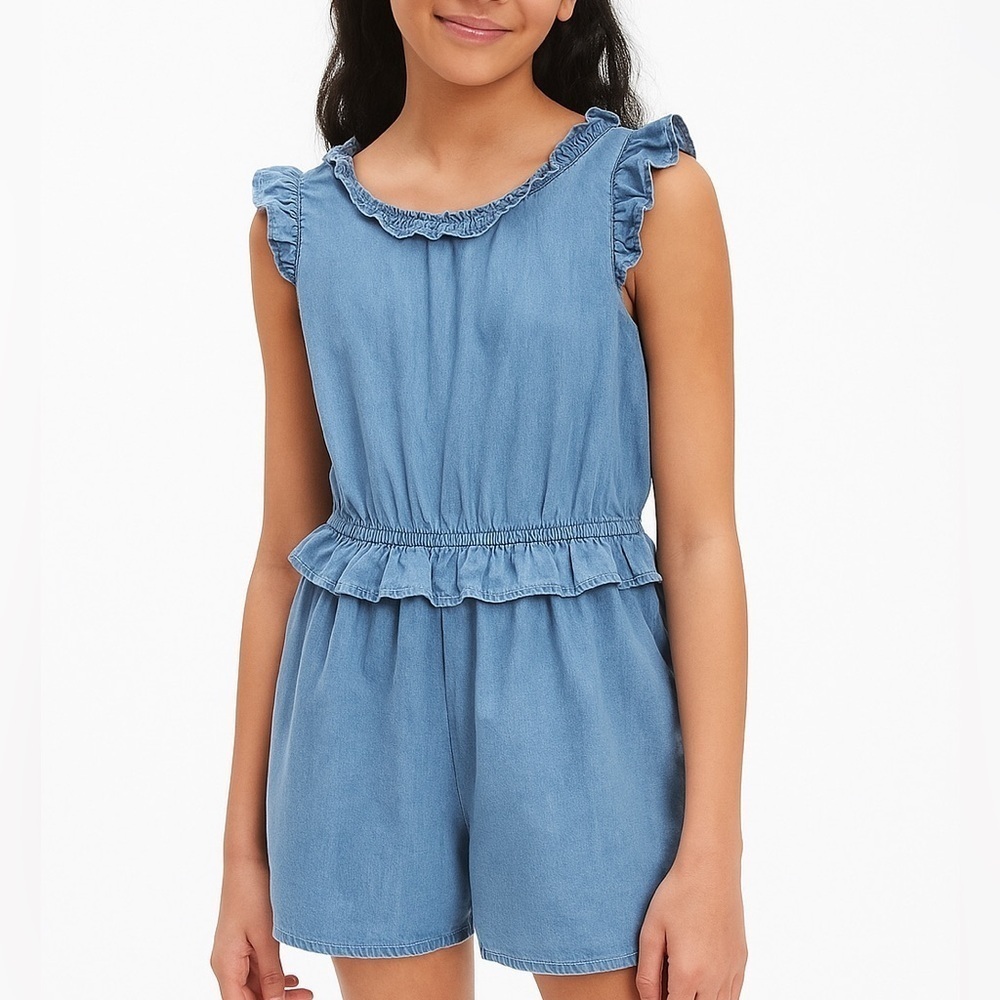 Crewcuts girl's Ruffle Romper in Chambray (974)